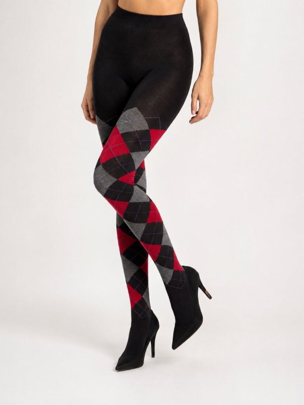 MeMoi MO-391 Argyle Sweater Tights S/M Black Red Gray